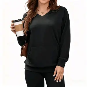 Women’s Hoodless V-Neck Sweatshirt with Kangaroo Pocket, Fleece Long Sleeve, Oversized Casual Style, in Soft Polyester Blend