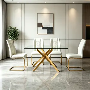 51.18" Clear Tempered Glass Dining Table with Gold Metal Legs, Adjustable Feet & Scratch-Resistant Top, Modern Kitchen Table for Living/Dining Room, Golden