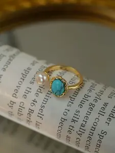 Adjustable Natural Freshwater Pearl Ring, Turquoise Luxury Design, Elegant Gift for Women, Birthday & Valentine's Day Present