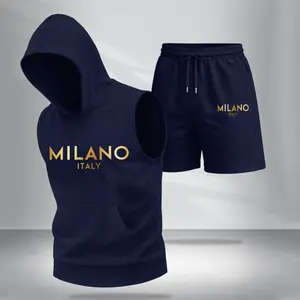 Men’s Sleeveless Hoodie & Shorts Set – “Golden Milano” Graphic, Summer Two-Piece Activewear, Casual Streetwear, Regular Fit Gym & Sport Fashion, Lightweight Men’s Outfit