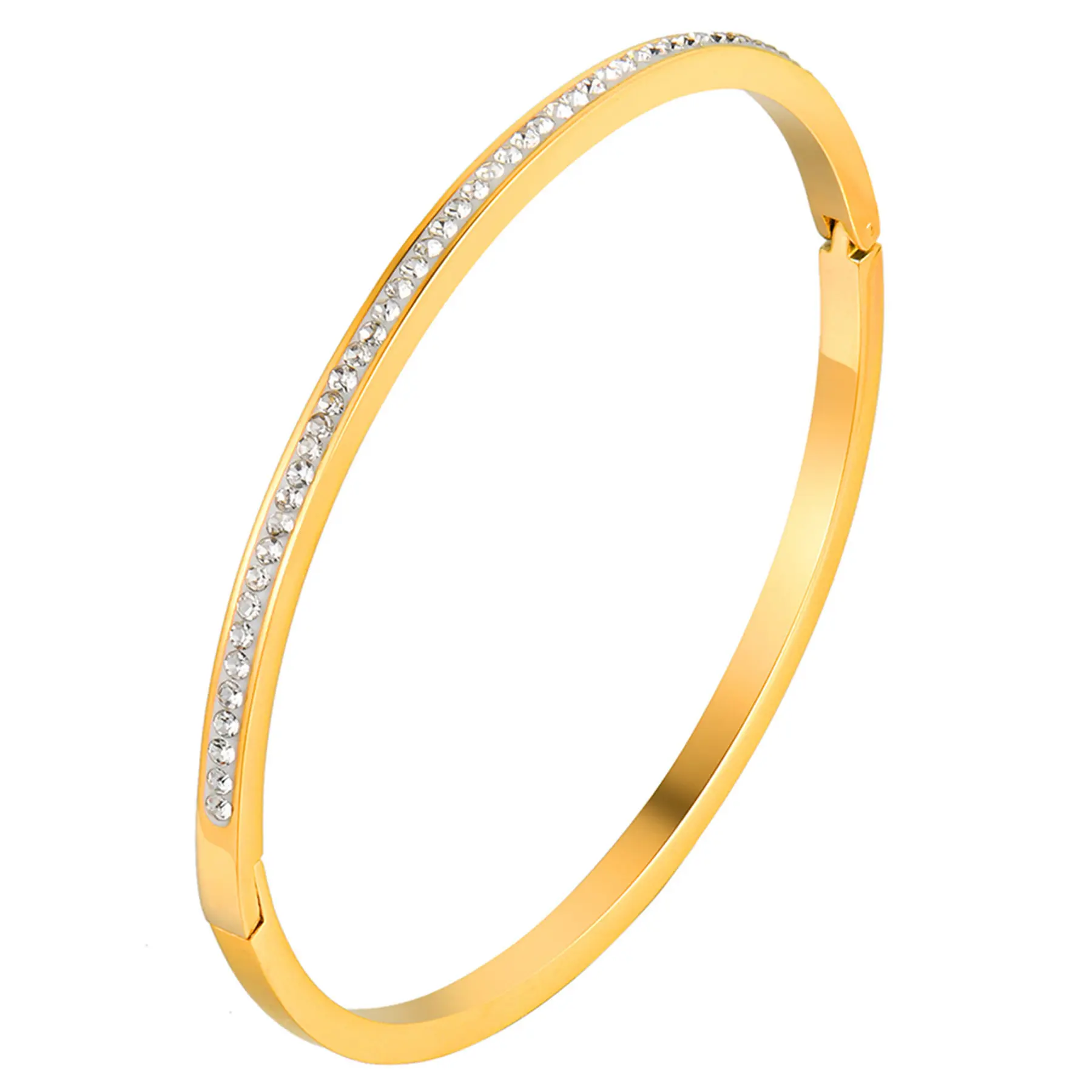 OIDEA Women's Classic Bejeweled Bling Bangle - 100% 316L Stainless Steel, 0.12" Band Width, 2.32" Inner Diameter, 6.69" Inner Circumference, Gold Aesthetic, Refined Simplicity, Stackable Office Wrist Stack Jewelry for Adults, Featherlight Birthday Gift, B