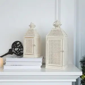 2Pack Outdoor Lantern, 16" Large White Candle Lanterns Decorative Indoor, Metal Frame with Glass,  Farmhouse Lantern Decor for Front Porch, Garden, Patio, Pathway, Balcony,Yard