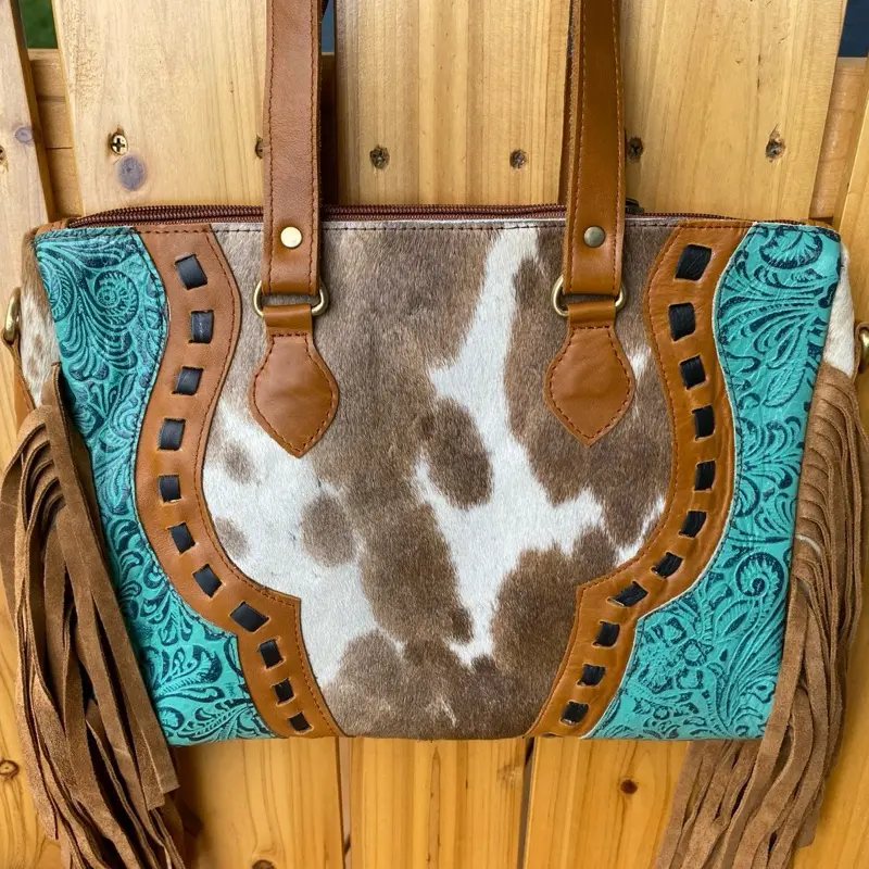 Authentic Cowhide, Tooled & Fringe Handbag