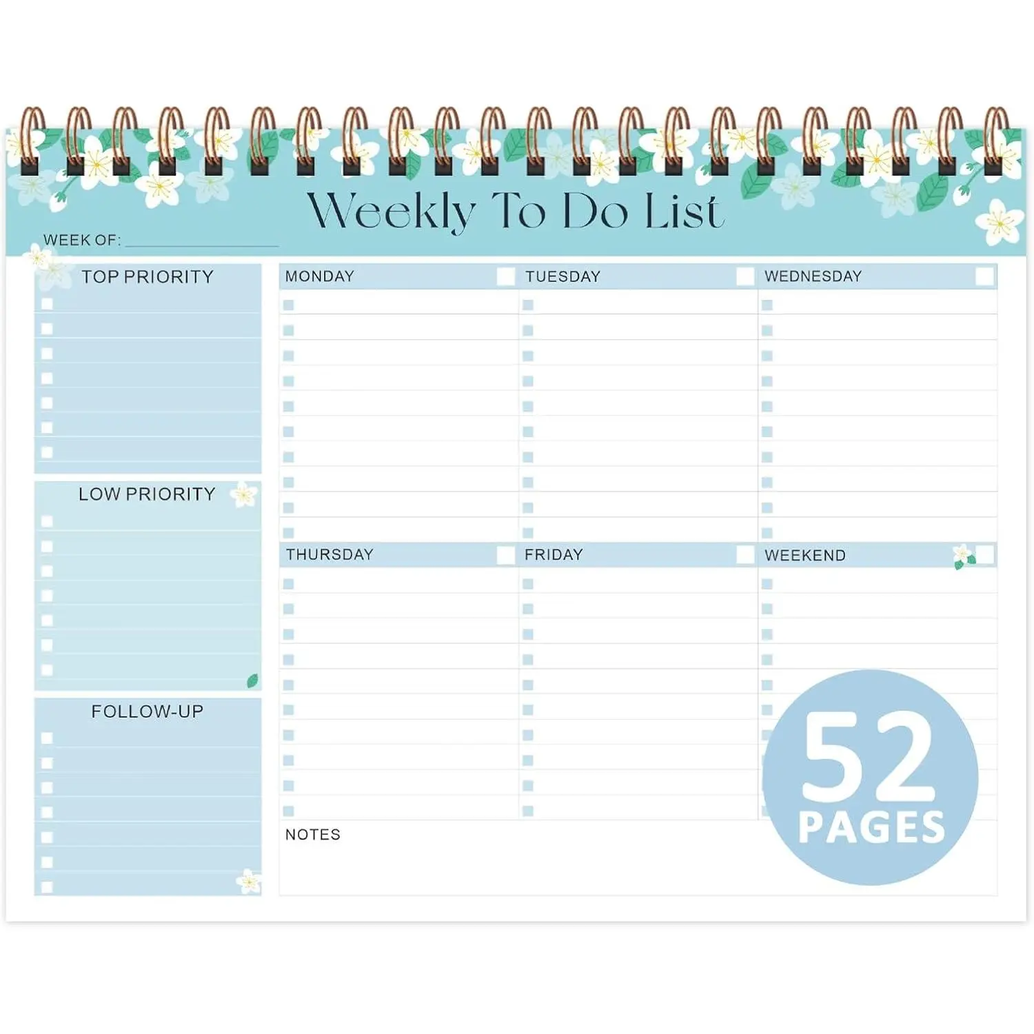 Weekly  Notepad with 52 Undated Sheets (8.5"x11"), Desk Weekly Planner Notepad for Office Desk Accessories and School Supplies (Blue)