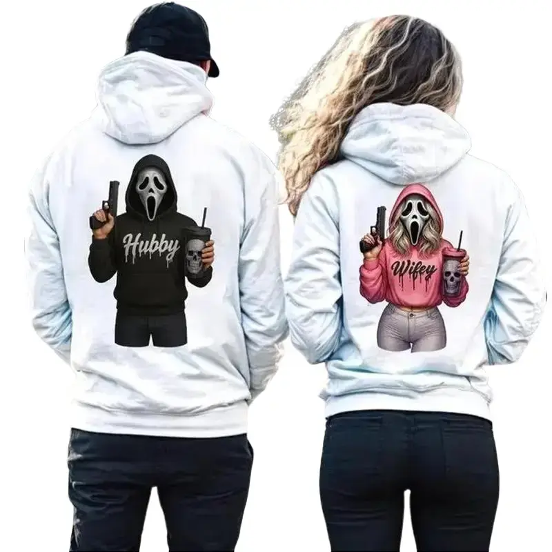 Wifey & Hubby Ghostface Halloween Couple Matching Hoodies Graphic Hoodie Pullover Hooded Sweatshirt for Women for Men, Perfect Gift