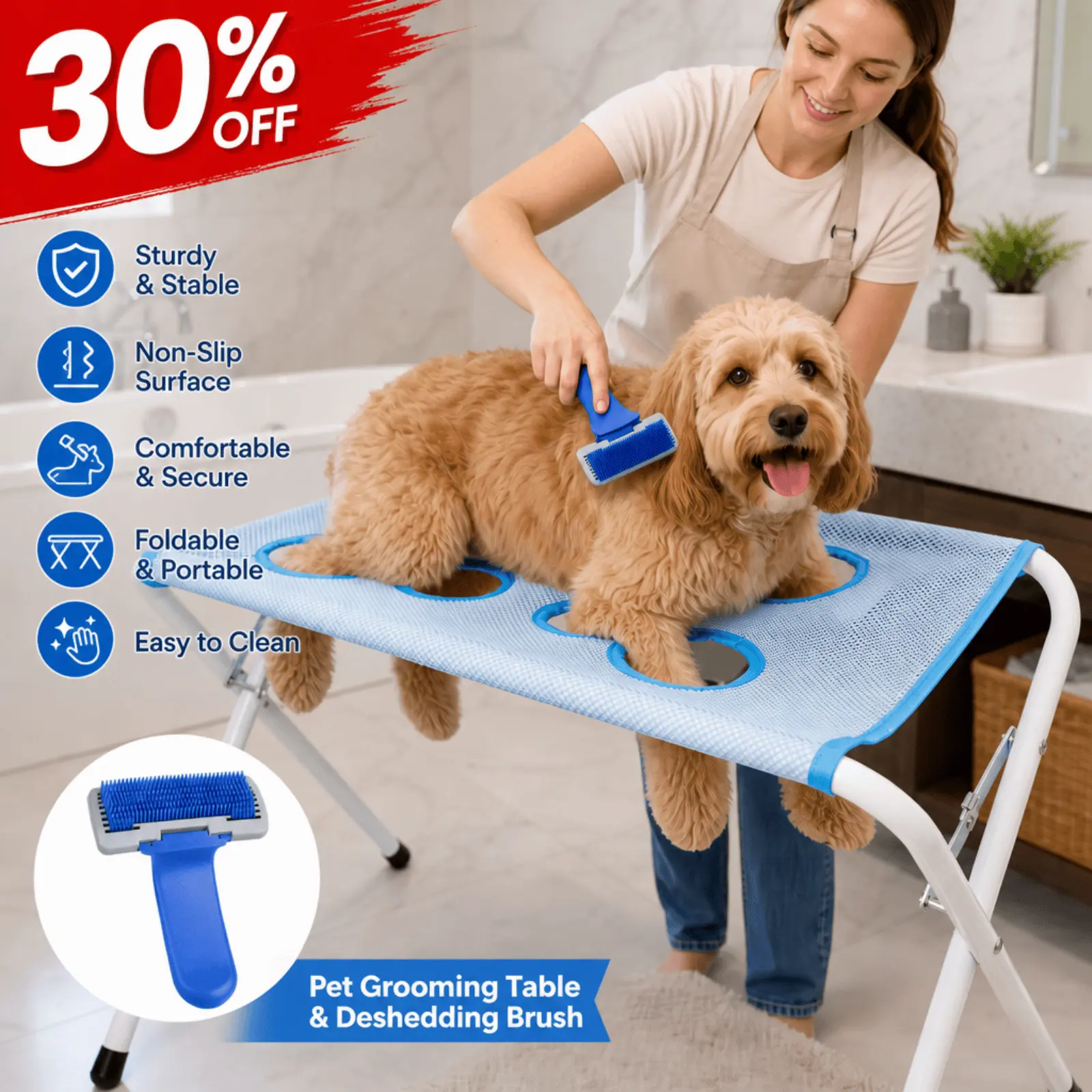 2-in-1 Pet Grooming Table with Deshedding Brush Kit, Foldable Dog Grooming Station with Paw Holes for Bathing, Brushing & Nail Trimming at Home