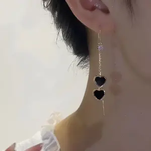 2026 New Black Heart Threader Earrings for Women, Long Tassel Dangle Earrings, Sparkling Crystal Piercing Jewelry, Lightweight Luxury Ear Accessories