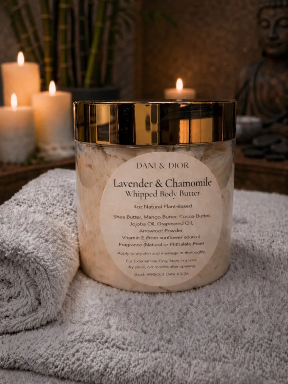 4oz Bedtime Lavender & Chamomile Whipped Body Butter black white or gold jar top