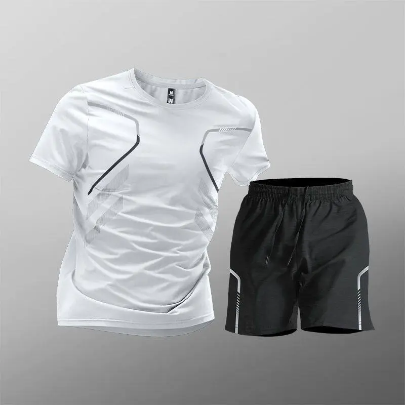 Sports suit men's ice silk quick-drying clothing fitness T-shirt running short-sleeved shorts training clothing ice silk quick-drying activewear workout clothes