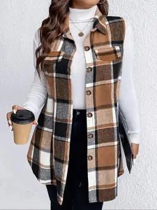[Plus Size] Plaid Print Button Front Vest Coat, Everyday Casual Fitted Sleeveless Collared Outerwear for Fall & Winter, Gift Set for Women, Women's Plus Size Clothes for Daily Wear, Womenswear