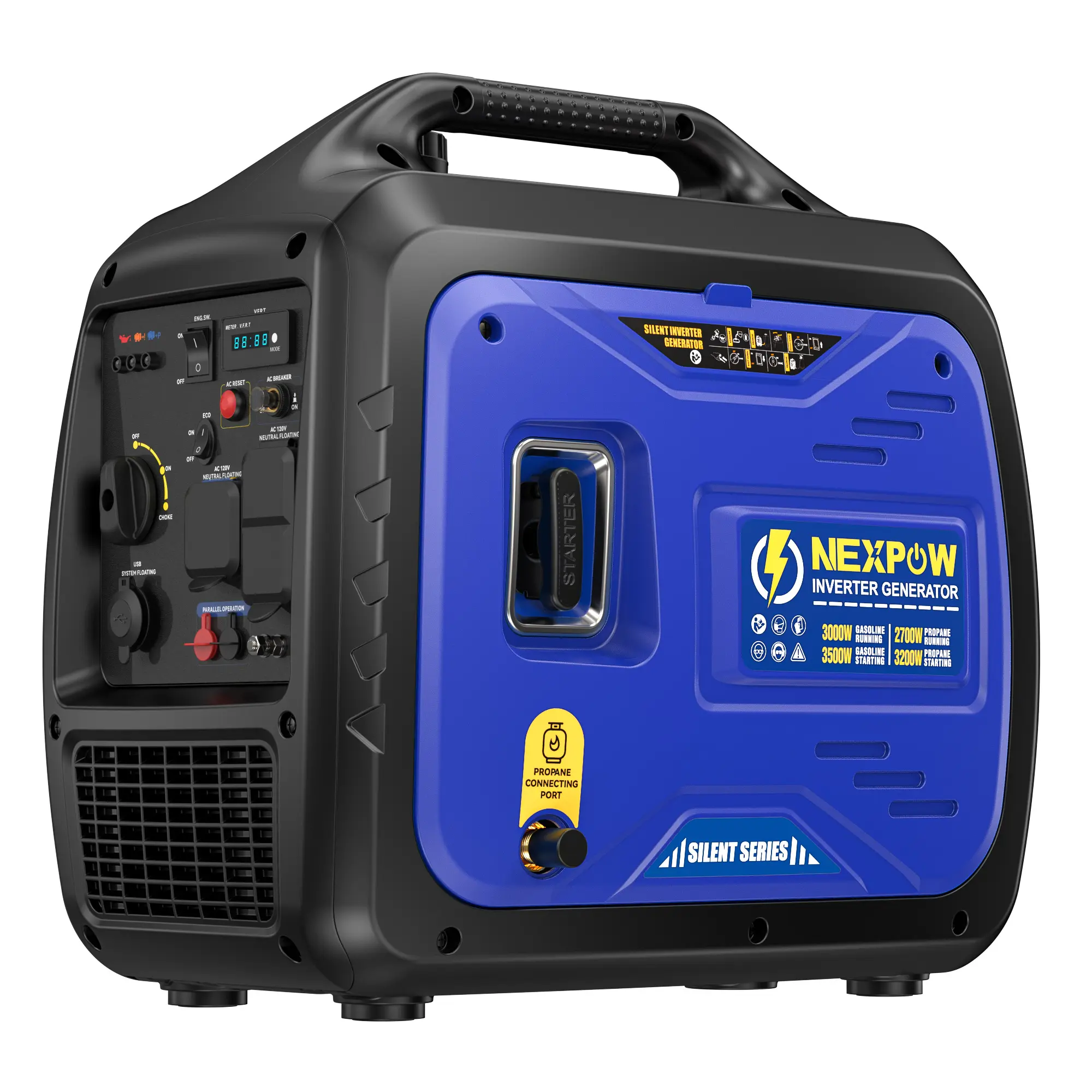 NEXPOW 3500W Portable Dual-Fuel Inverter Generator, 154cc 4-Stroke OHV Engine, 120V, 1.85-gal Tank, Super Quiet, Eco-Mode, Parallel Capability, EPA Certified, Lightweight, Type-C (5V/3.6A), Handle for Home Backup & Camping