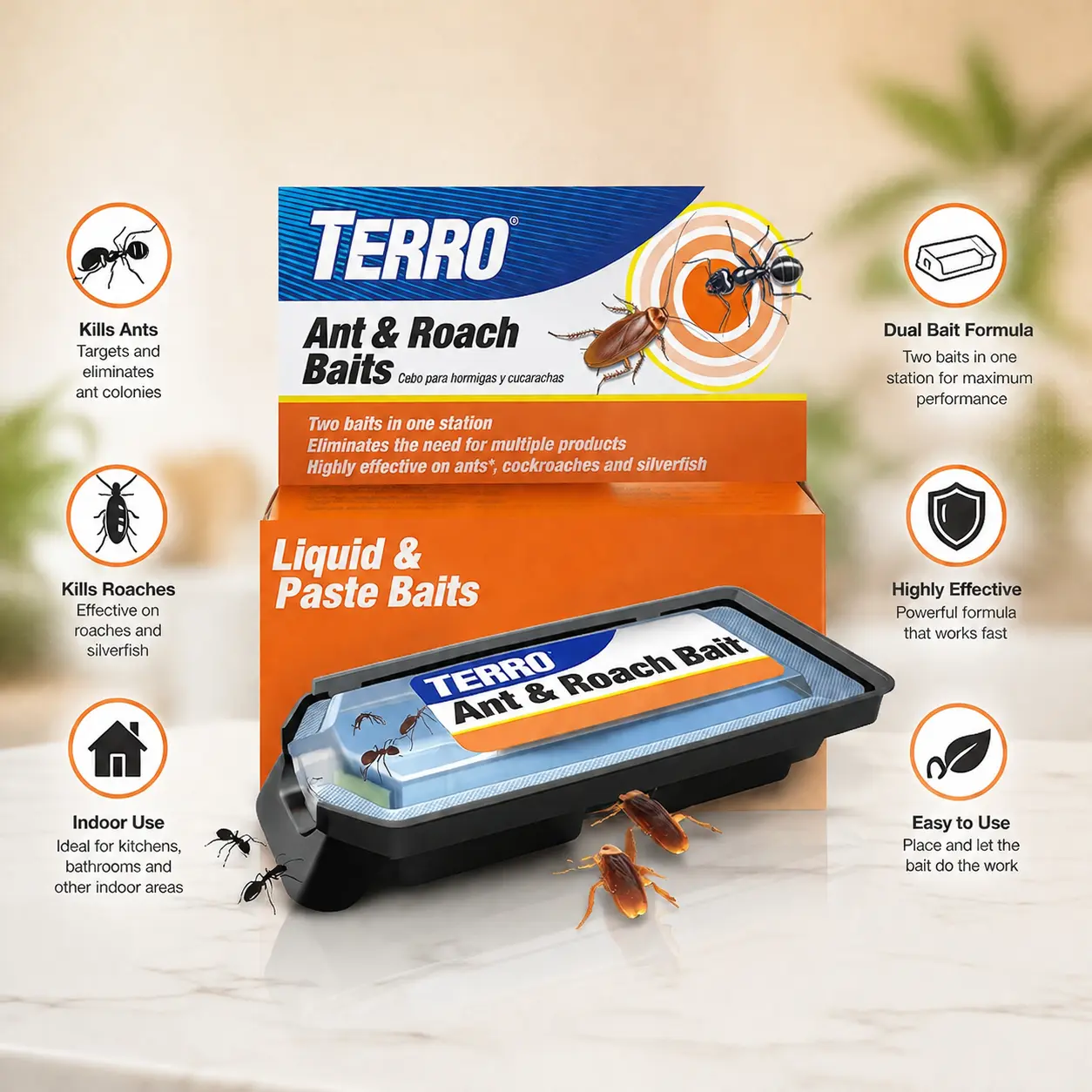TERRO Ant & Roach Bait T360 4-Pack - Indoor Ant Killer and Roach Killer, Pre-Filled Dual Bait Stations Attract and Kill Ants, Roaches, and Silverfish, Ready-To-Use Indoor Bait with Twist Tab Insecticide Gel Cockroach German