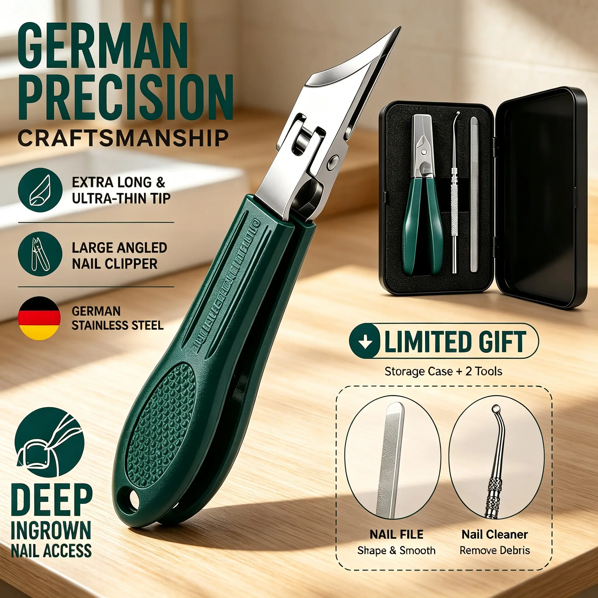 Anti-Splash Wide Jaw Eagle Beak Nail Clipper 3Pcs Kit, Ergonomic Long Handle Slanted Edge Nail Trimmers, Portable Manicure Set for Thick Nails, Ingrown Nail & Senior Nail Grooming