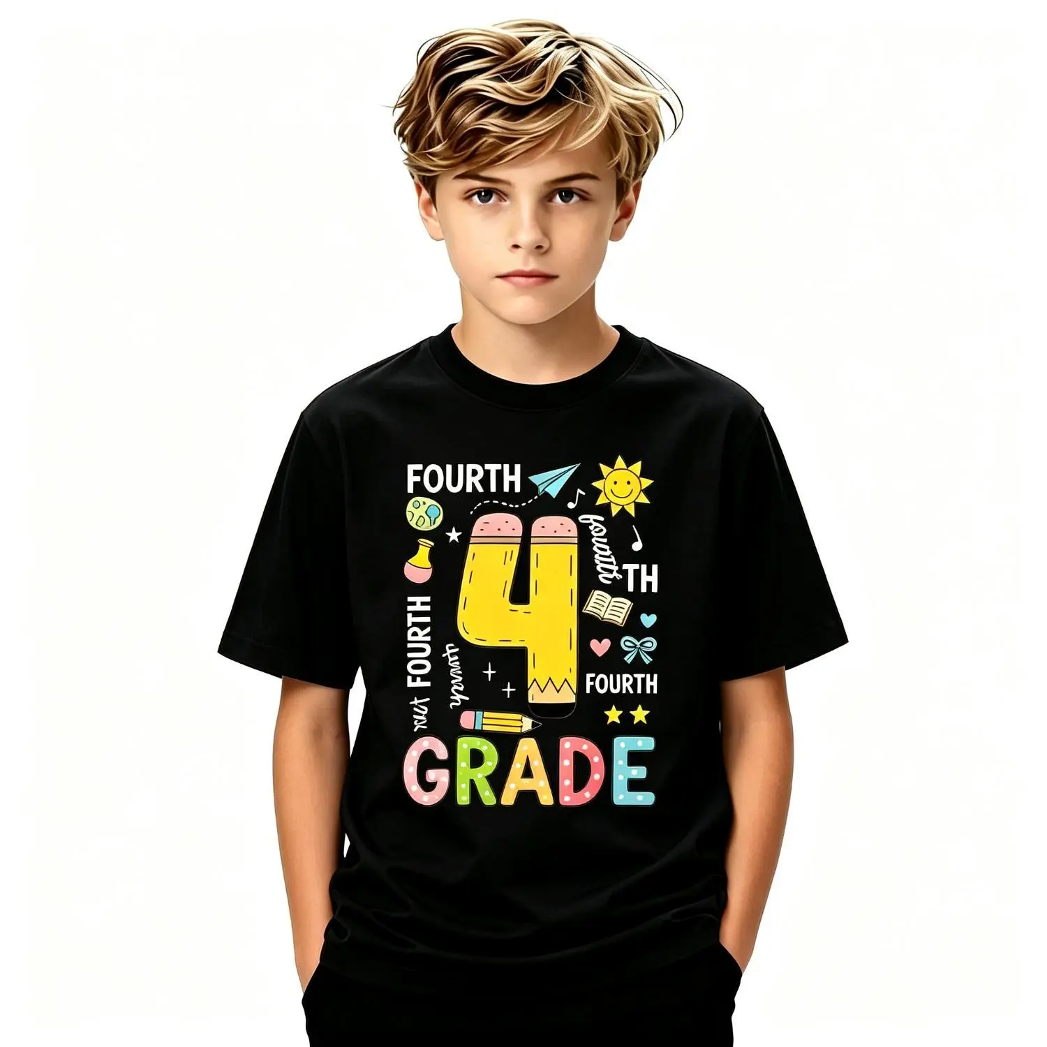 Fourth Grade Team Cotton T-shirt with Pencil Design for Kids Back to School Celebration