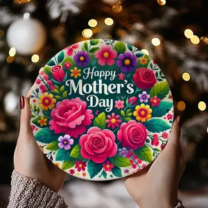 Vintage Mother's Day Wall Hanging - Round Floral Wreath Metal Sign with "Happy Mother's Day" Text, Pink Roses & Purple Daisies - Durable Iron Decor Suitable for Farmhouse, Porch, Bedroom - Perfect Gift for Mom, Year-Round Decorative