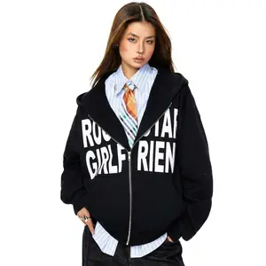 Rockstar Girlfriend Full-Zip Cropped Hoodie Edgy Streetwear Y2K Aesthetic Statement Sweatshirt Fashion Oversized Rhinestone Embellished Fall Winter Fit Casual - Love, Womenswear
