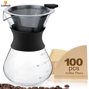 Pour over Coffee Maker with 100pcs Paper Filters, Reusable Manual Hand Drip Coffee Maker, Glass Pot with Stainless Steel Filter