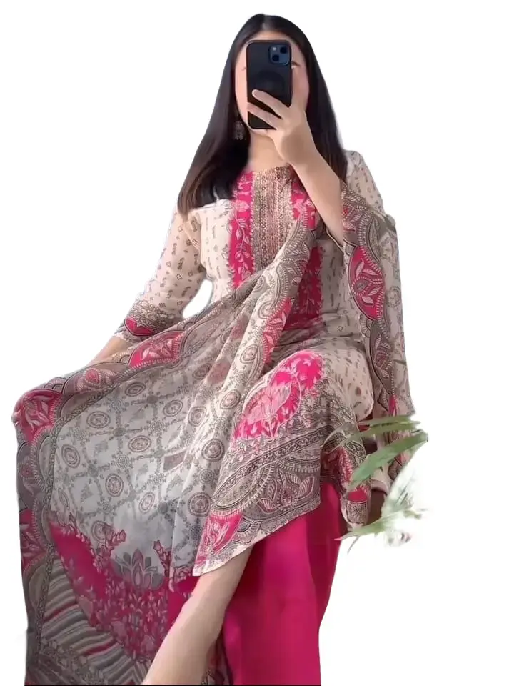 Women's Premium Maslin 3-Piece Pakistani Ethnic Suit Set - Clothes, Real Mirror Work, Breathable Lightweight Fabric, Elegant Kurti Pant Dupatta, Regular Fit, All Seasons, Party Wedding Wear, Dry In Shade, Do Not Bleach, Elegant & Trendy Design, Style, Com