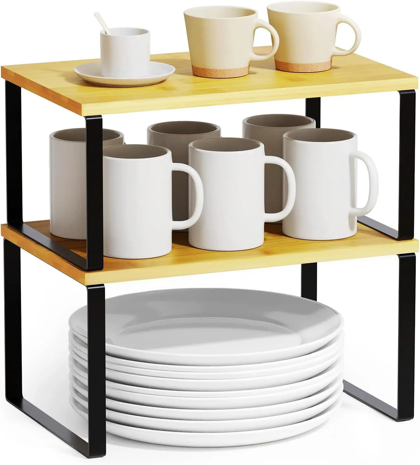 2-Pack Bamboo & Metal Adjustable Decorative Cabinet-Rack Organizer Set - Short Black & Natural Stackable Storage Riser with 2 Shelves, Expandable for Kitchen Counter to Keep Spaces Well Organized & Tidy