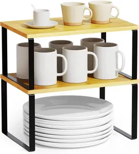 2-Pack Bamboo & Metal Adjustable Decorative Cabinet Shelf Organizer Set - Short Black & Natural Stackable Expandable Riser for Kitchen Counter, Pantry Storage Racks, Rectangle, Counter Mount