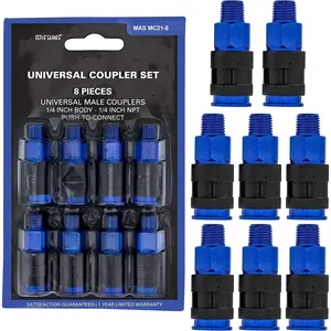 Elite Series 8 count Universal Air Hose Quick Push Connect Coupler Set with 1/4" NPT Male Threads - Accepts 3 Common Plugs Types, I/M Industrial, T Auto, A ARO - Compressor, Air Tool,
