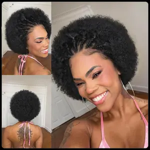 BlackBeautyHair Braided Wigs for Black Women Human Hair Afro Puff Lace Frontal Hair Wigs Afro KinkyCurly Human Hair 13x4 Lace Front Pre Braided Cornrow Wig 200% Density (6 inch)