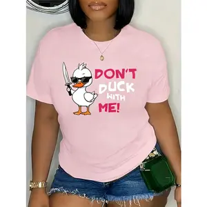100% cotton plus-size casual T-shirt, women's oversized duck letter print short-sleeve, round-neck medium stretch T-shirt