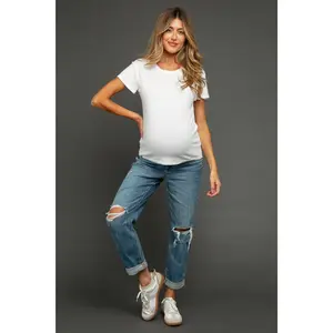Blue Distressed Knee Rolled Hem Maternity Straight Leg Jeans