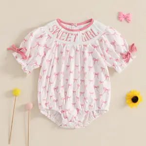 Baby Girl Romper Mamas Mini Bow Plaid Print Puff Sleeve Smocked Bubble Romper Jumpsuit Bodysuit Clothes