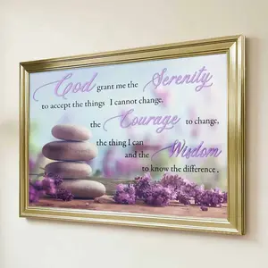 1pc Framed Gold Frame Serenity Prayer Canvas Art Print For Living Room Bedroom And Office With Inspirational Quote And Zen Stones Lavender Flowers Design