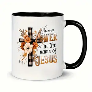 Christian Faith Coffee Mug, "There Is Power In The Name Of Jesus" 11oz Ceramic Tea Cup, Fall Floral Buffalo Plaid Cross Design, Religious Gift, Mothers Day/Christian Gift, Black & White Accent Mug