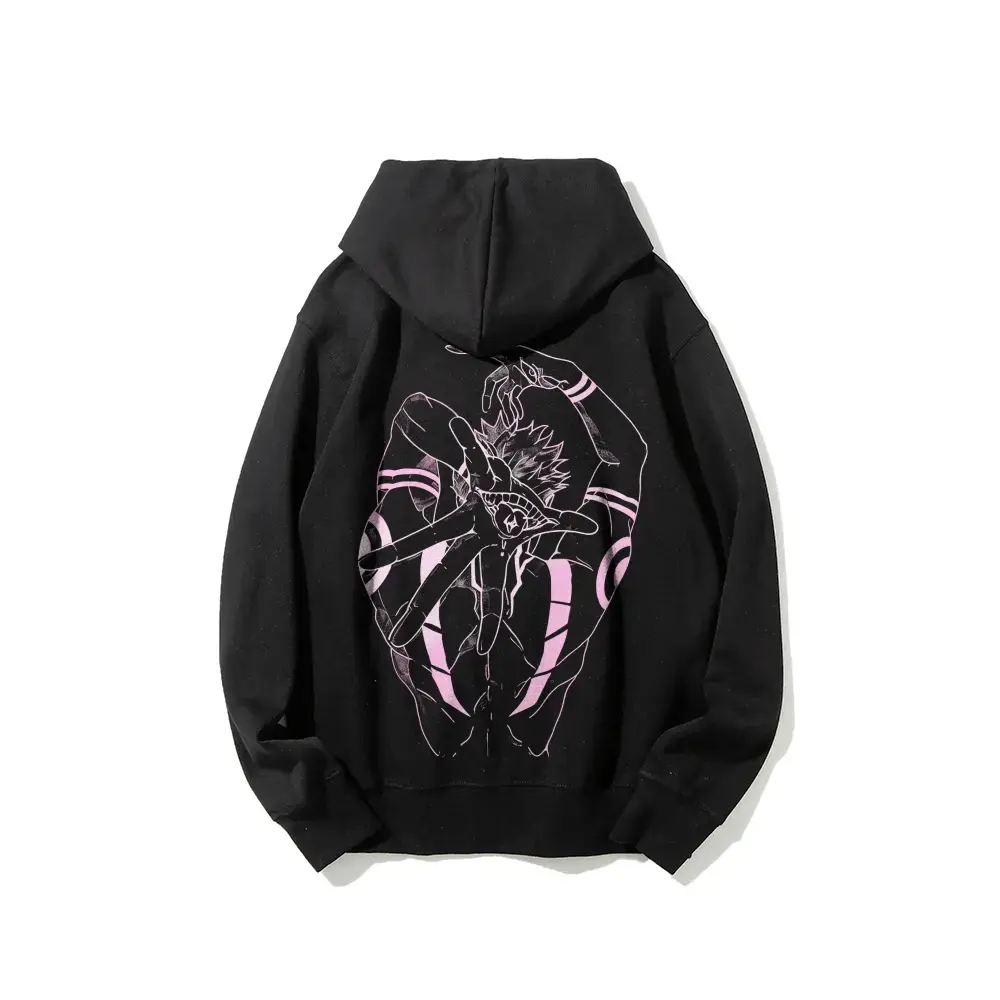 Double‑Sided Print Pullover Hoodie, Front Minimal Demon Line Art Back Monochrome Pink Anime Warrior Character Graphic, Unisex Retro Streetwear Casual Hooded Sweatshirt Soft Adjustable Cotton Fan‑Designed Apparel