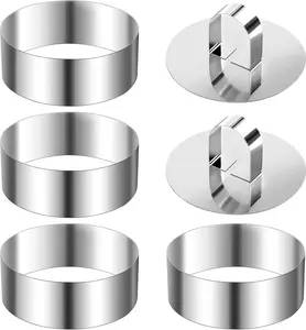 1Set Round Cake Ring Mold, Stainless Steel 3” Cooking Crumpet Rings with 2 Pusher & 4 Food Form, Tuna Tartare Mold for Pancake, Salad, Mousse