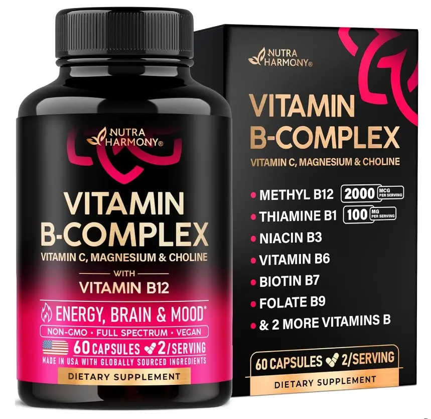 Vitamin B Complex for Men & Women - Riboflavin B2, B12, B1, B3, B5, B6, B7, B8, B9 | Vitamin C, Choline, Inositol | B-Complex Supplement | Energy, Brain & Heart Support | Lab Tested | 60 Vegan Capules