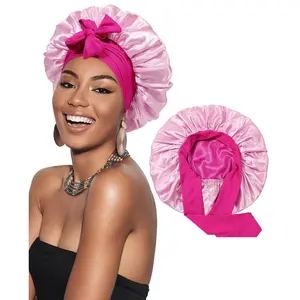 Women Double Layer Satin Sleep Cap with Ribbon Bow Wide Brim Bonnets Hair Care Scarf for Beauty Reversible Head Cover Night Hat