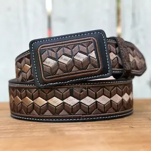 Brown, Beige and Black “Hexágono” Western Style Belt Made with Genuine Leather and Embroidery