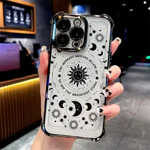 Electroplated Four Corner Anti-Fall Celestial Sun Moon Design Phone Case for IPhone 16 Pro Max 15 Plus 14 13 12 11 E Shockproof Transparent Protective Cover