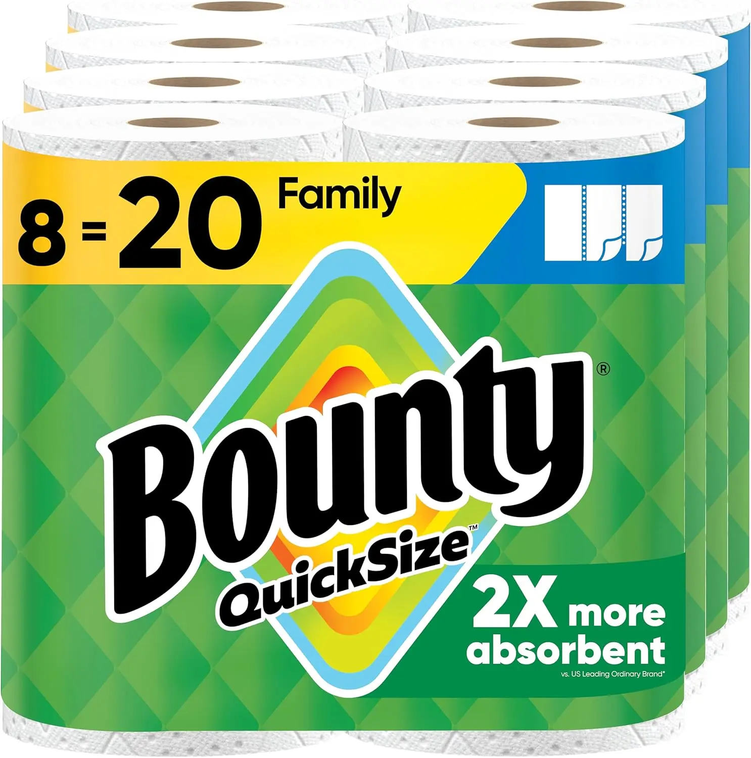 Bounty QuickSize Paper Towels White 8 Family Rolls Equal 20 Regular Rolls 2X More Absorbent Ideal for Household Tasks