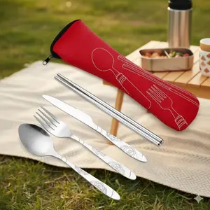 Stainless Steel Camping Kitchenware Cutlery Set 4-Piece with Printed Pouch | Rust-Proof Portable Utensils for Outdoor Picnic, BBQ, Travel, Office & Party | Family Essentials | Outdoor Camping Supplies