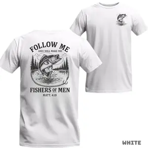 Fishers of Men Bible Verse T-Shirt – Christian Fishing Graphic Tee, Matthew 4:19 Outdoor Faith Shirt, Unisex Casual Top, Trending Faith-Based Menswear men  gifts trendy  shirts streetwear Cotton Crewneck