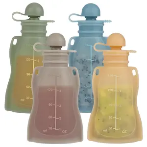 Reusable Baby Food Pouches, 4 Pack with Straw Squeezable Pouches  Toddlers, BPA-Free, Refillable Silicone Baby Food Storage Containers, 5 oz
