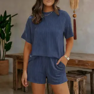 Summer Women's  Short Sleeve Twisted Thread 2 Piece Ribbed Lounge Set Shirt & Shorts with Pockets Casual Pajamas  Casual Comfy Matching Set TikTok Made Me Buy It tiktokshopspringglowup