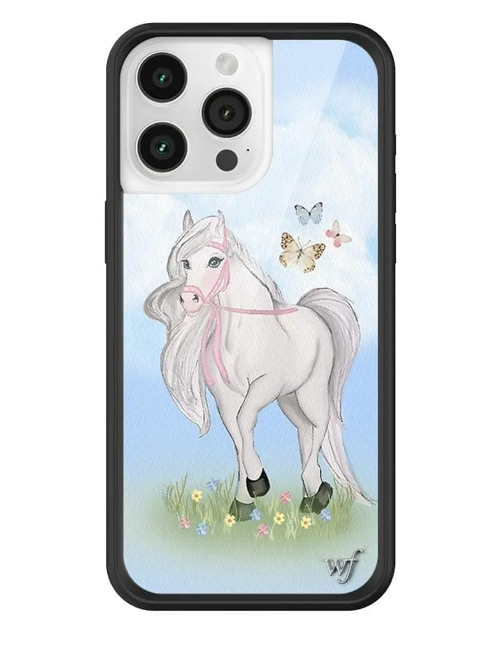 Precious Pony | Limited Edition Trendy Collab iPhone Case | Raised Protective Black Bumper | Women Owned Small Business | Bright Blue Sky Background Precious White Pony Colorful Butterflies and Flowers | Safety Casing Protective | Gift for Her