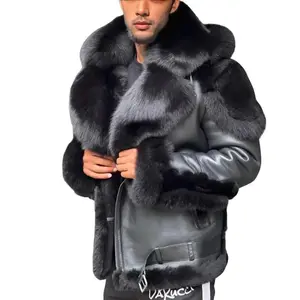 Men’s winter faux leather jacket with hood, large leather collar, warm lining, long sleeves, solid black/beige, casual