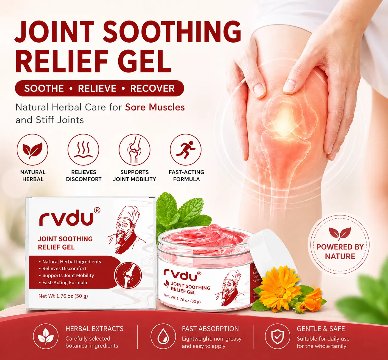 Natural Herbal Heating Massage Gel – Helps Soothe and Relax Joints, Back, Neck & Whole Body – with Menthol, Sophora & Aloe Extracts