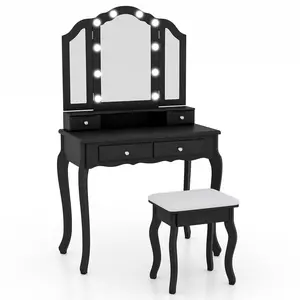 COSTWAY - Makeup Vanity Table Set with Lighted Mirror and Drawers-Black