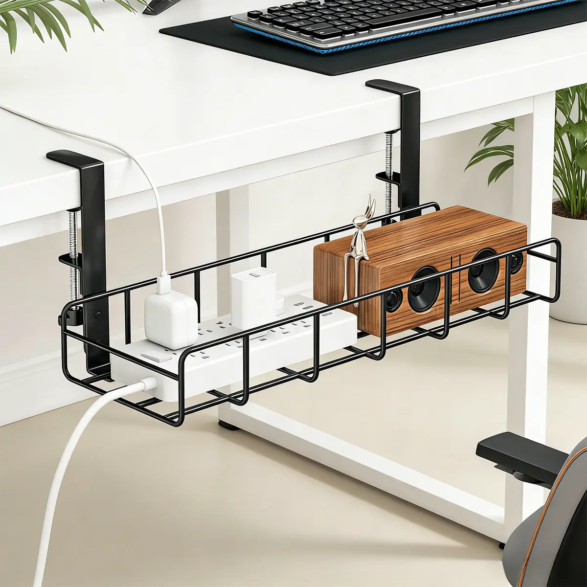 Under Desk Cable Management Tray, No Drill Steel Cable Tray Organizers, Wire Management Tray Cable Rack with Clamp Mount, Metal Under Desk Tray with Wire and Cord Organizer