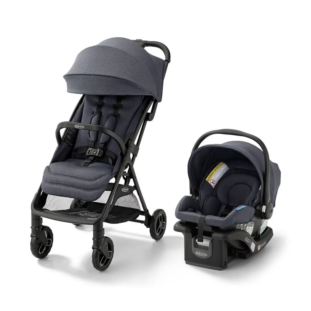Graco Ready2Jet DLX Travel System - Inkstone: One-Hand Fold Metal Frame Canopy Baby Storage Area Graco Ready2Jet DLX Travel System - Inkstone: One-Hand Fold Metal Frame Canopy Baby Storage Area