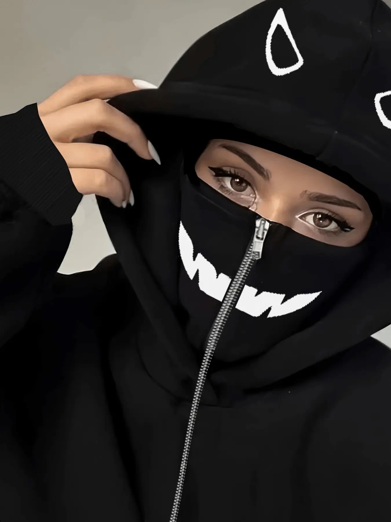 Women's Fall Winter Masked Hoodie, Fun Little Devil Print Loose Casual Hooded Sweatshirt, Stylish All Season Sports Wear, Athletic Hoodie Shirts