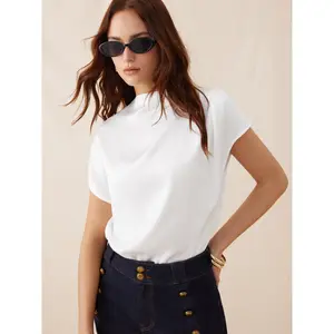 Cider Satin Stand Collar Ruched Short Sleeve Bodysuit